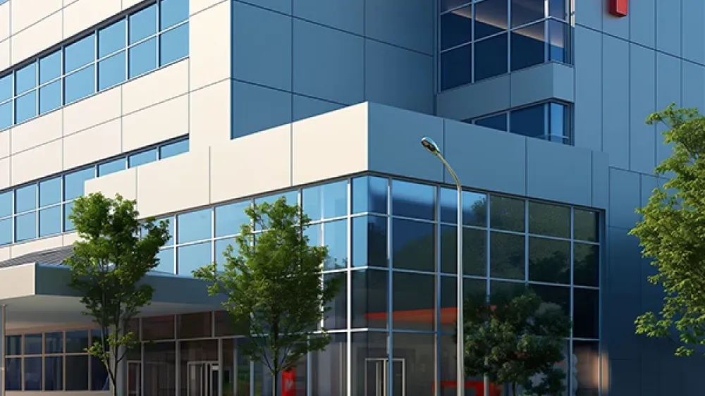 Hospital with a red cross on the side front.