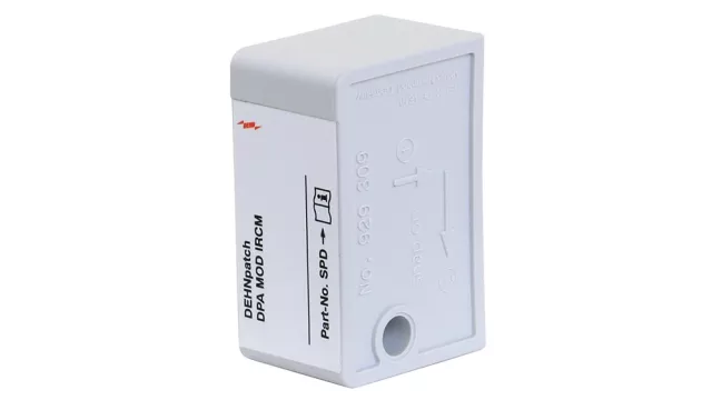 A DEHNpatch displays its sleek design, a pristine white body contrasting with striking black and red accents. Its rectangular shape, adorned with a USB port, exemplifies convenience and style for modern users.