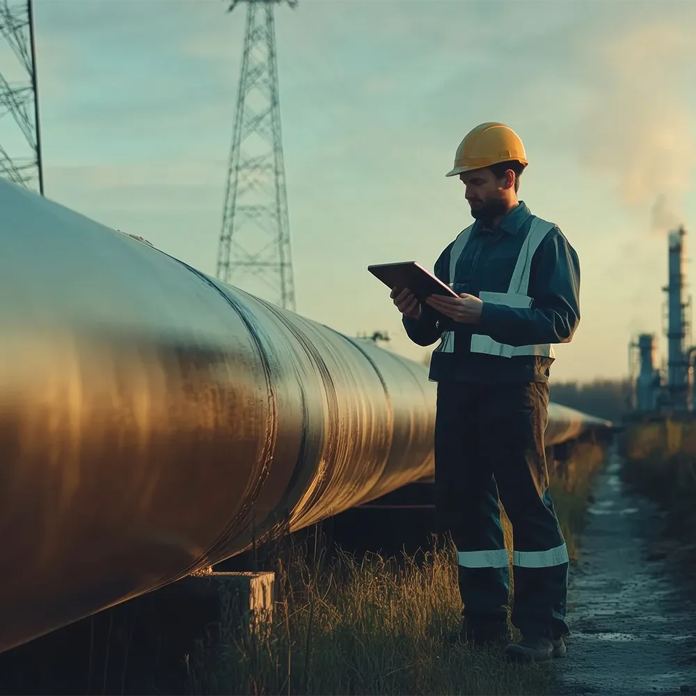 Baustellenumgebung mit Pipeline, Bagger und Hochspannungsleitung im Hintergrund.