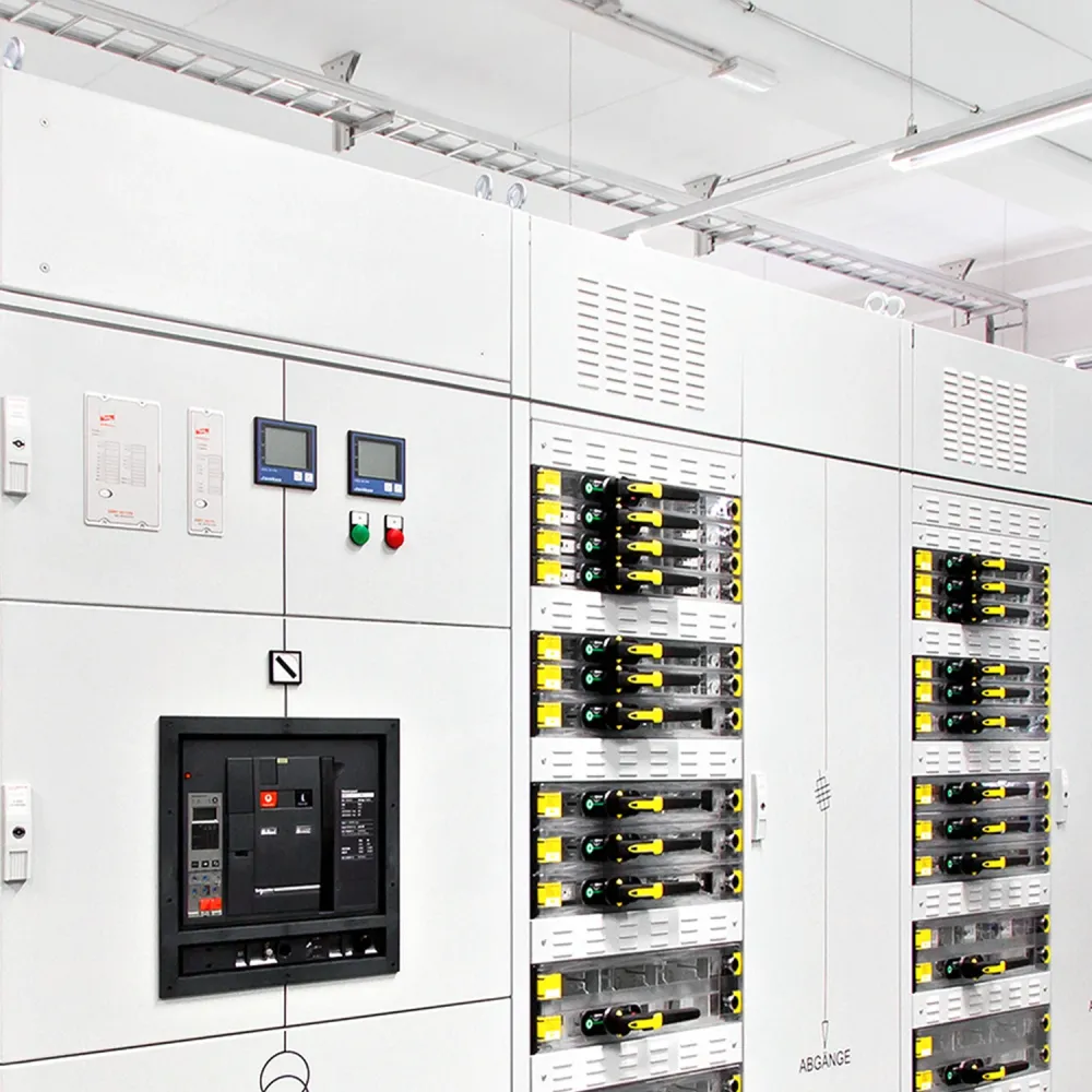 Large electrical switchgear cabinets with rows of circuit breakers, control displays, indicator lights, and ventilation panels in an industrial room.