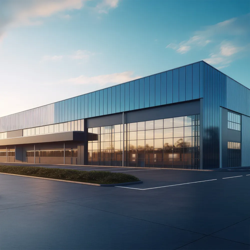 Modern industrial building with blue metal facade, large glass windows, and empty parking area at sunset.