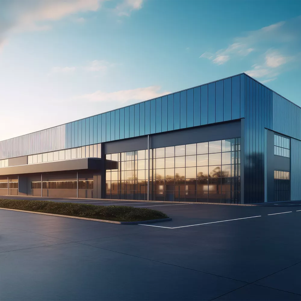 Modern industrial building with blue metal facade, large glass windows, and empty parking area at sunset.
