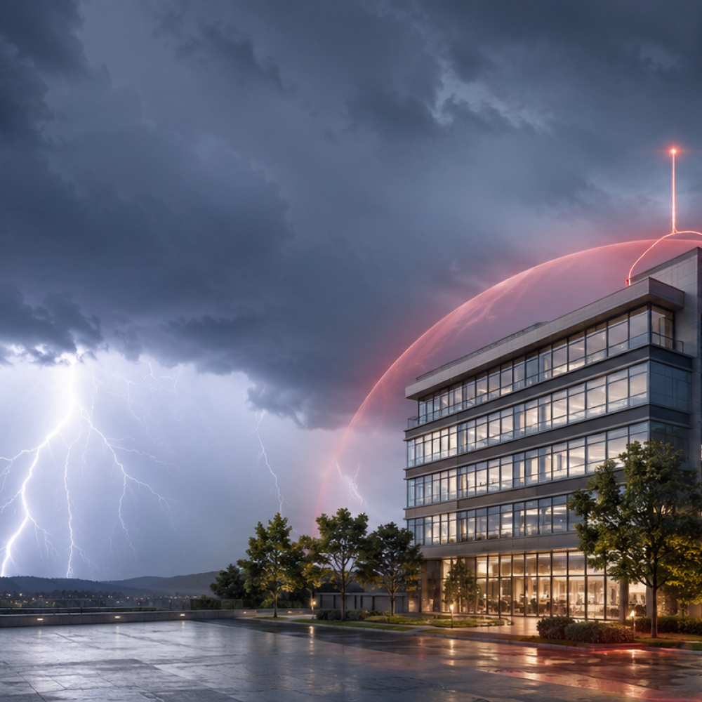 Building protected against surge and lightning damages