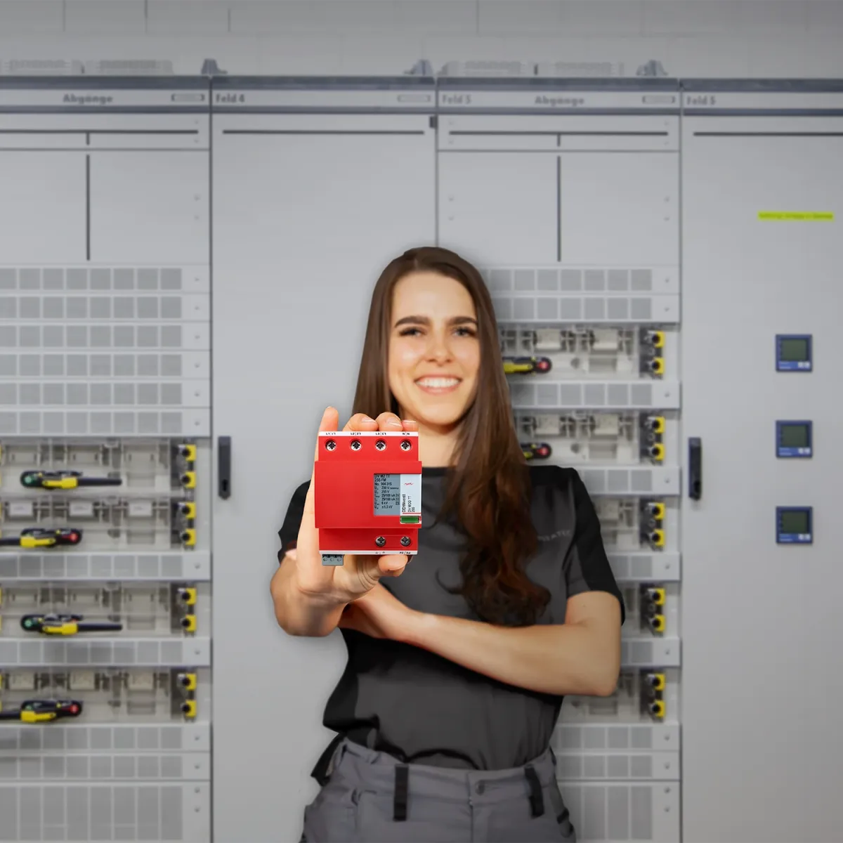 A captivating image displays a young professional woman, confidently holding a red device against a pristine white metal wall brimming with control panels. Her radiant smile and poised stance make this tech-savvy scene visually striking, evoking a sense of control room expertise.