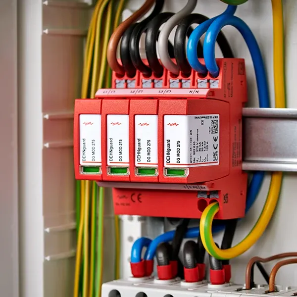 Close-up of an electrical panel with multiple red surge protectors and various colored wires connected to them.