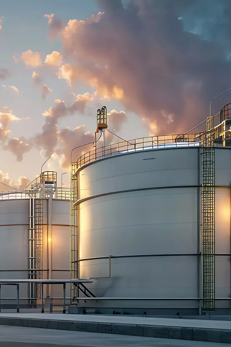 A captivating image displays a row of towering white cylindrical tanks, their ladders and safety rails silhouetted against a fiery sunset sky. The low angle perspective emphasizes their industrial grandeur, creating a sense of efficiency and well-maintained perfection.