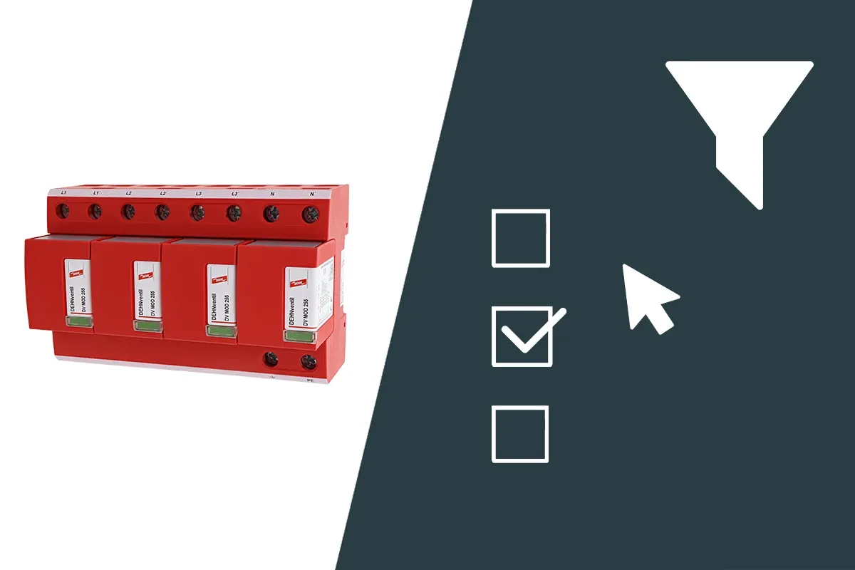Image of a DEHNventil modular surge protection device next to selection and filter icons on a dark background.