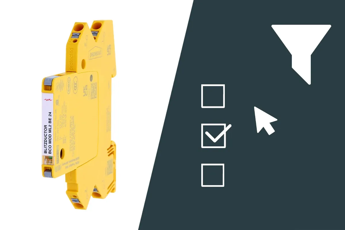 Modular yellow surge protection module next to filter and selection icons on a dark background.