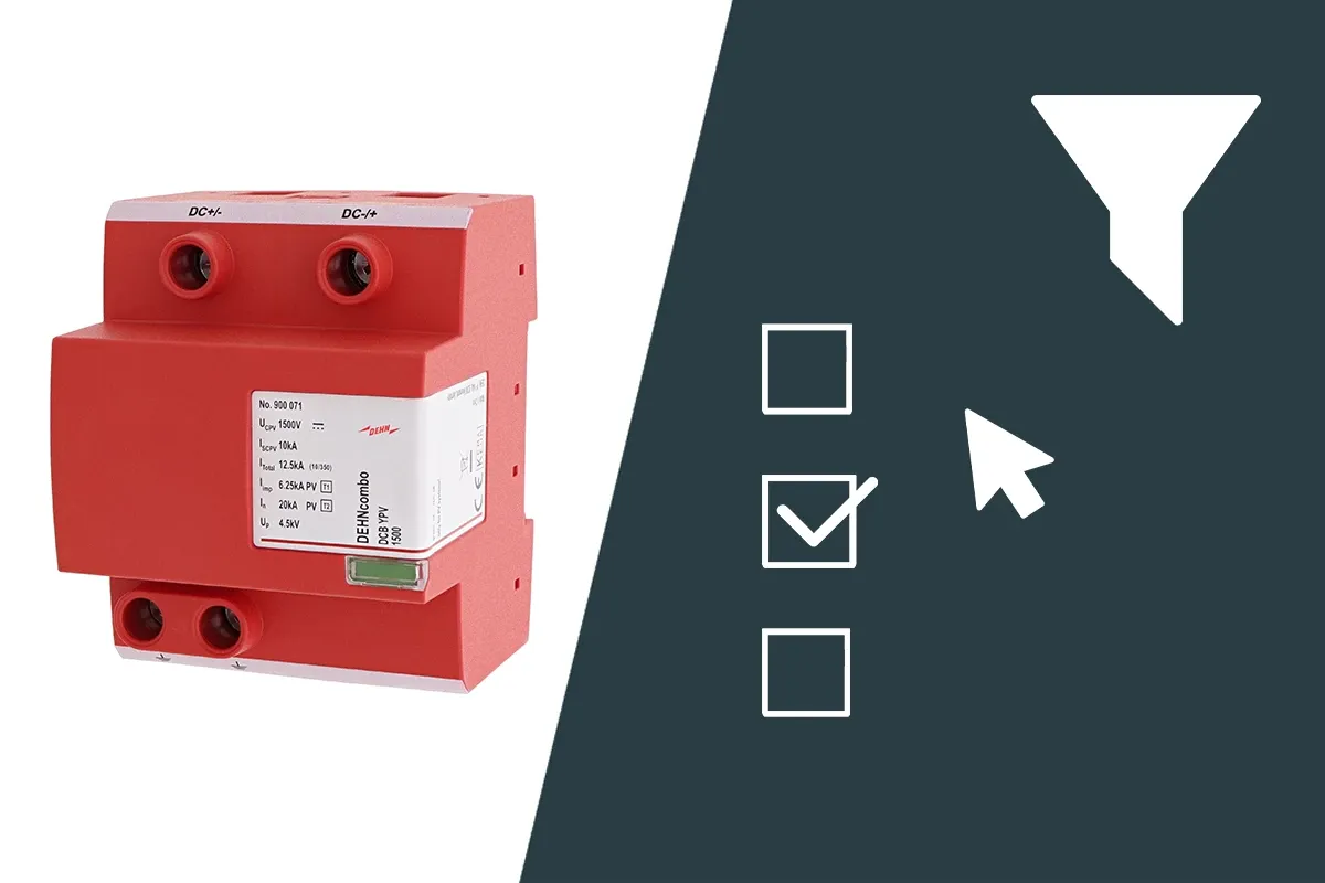 Red DEHNcombo surge arrester shown next to filter and selection icons.