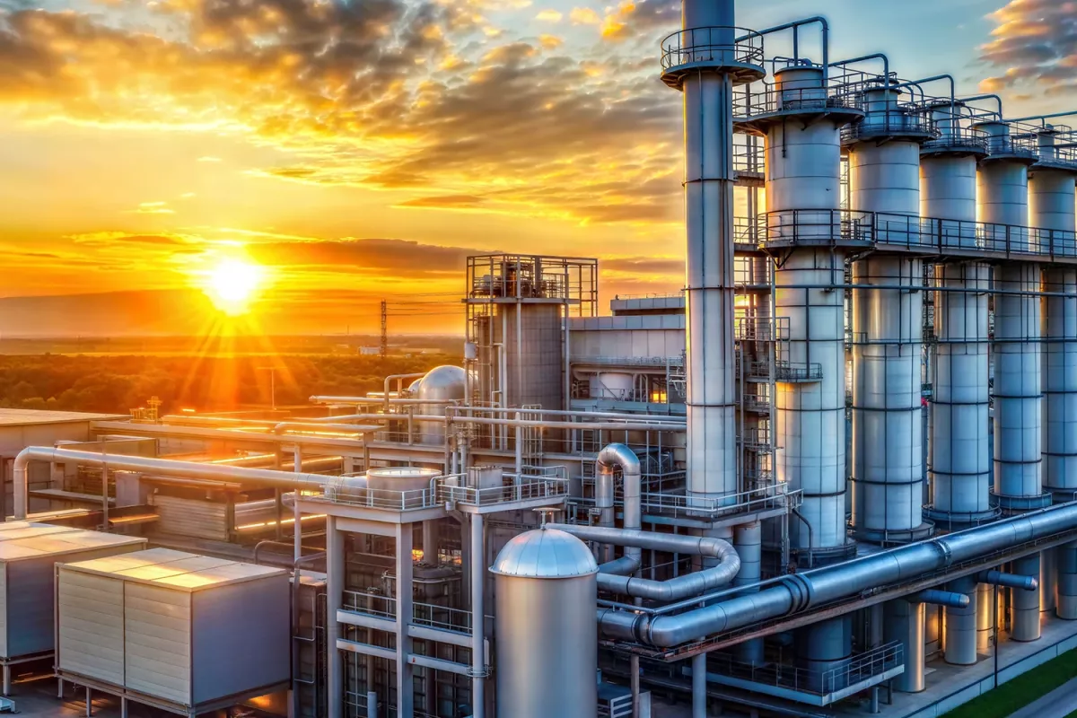 Industrial gas or hydrogen processing plant with tall metal columns, pipes, and tanks at sunset under a partly cloudy sky.