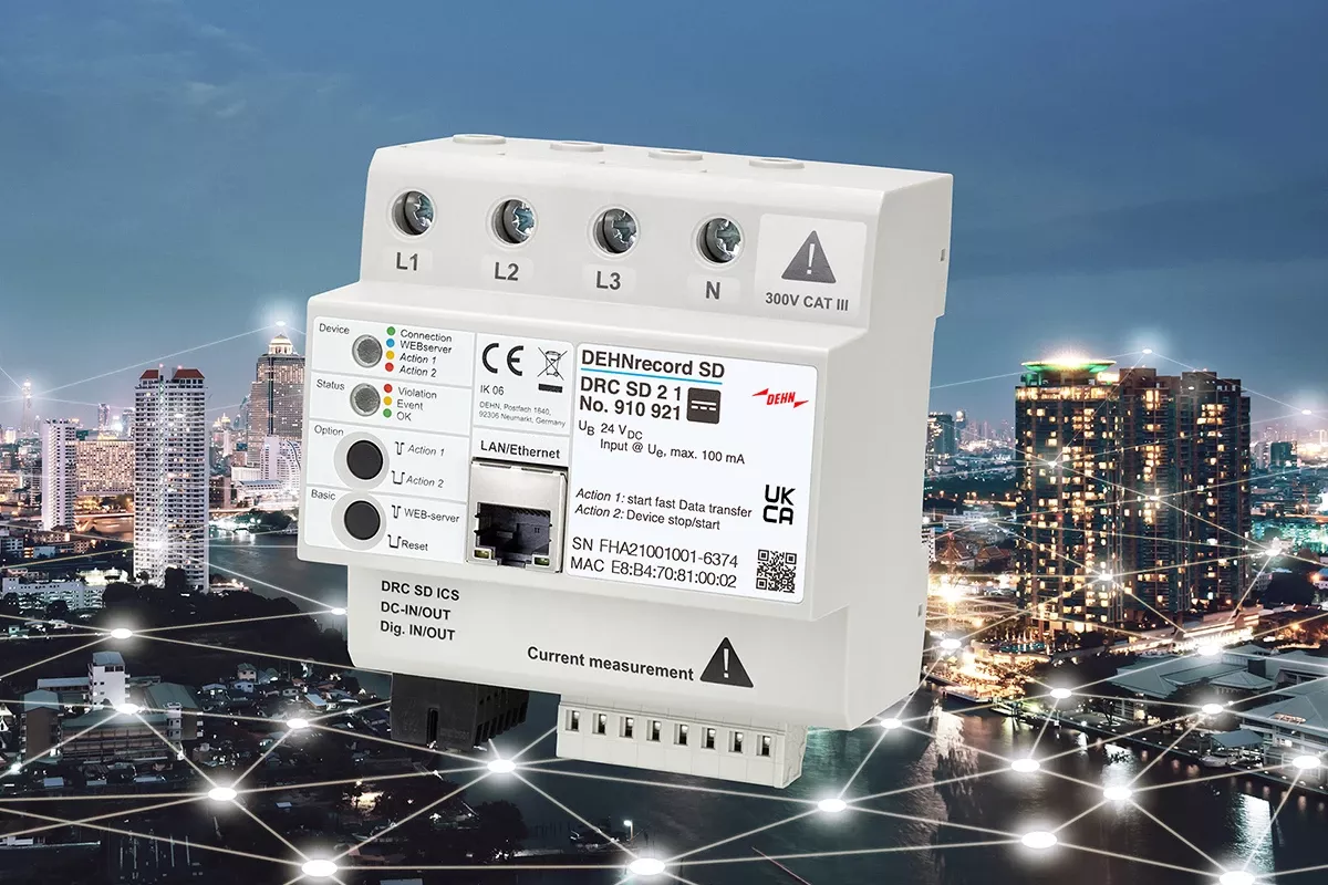 DIN-rail mounted DEHNrecord SD surge monitoring device with labeled terminals and Ethernet port, shown against a city skyline network background.